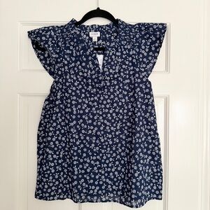 J. Crew Navy and White Ditsy Floral Flutter Sleeve Top Small NWT